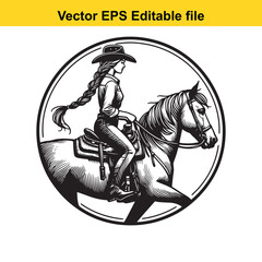 Vintage Style Cowgirl on Horseback Illustration A Black and White Depiction of Equestrianism in Circular Frame