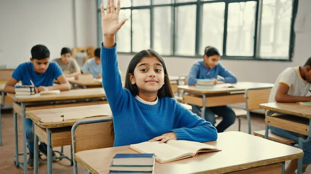 A keen indian schoolgirl in a blue sweater raises her hand to answer a question in a sunlit classroom. Concept of active participation and academic curiosity.