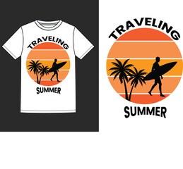 Summer Travel T-Shirt Design Surfer Silhouette with Palm Trees and Sunset
