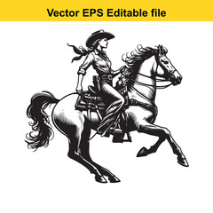 Bold Black and White Illustration of a Cowgirl Riding a Galloping Horse with Flowing Mane and Tail, a Classic Western Scene