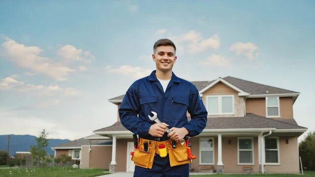 A smiling handyman in blue overalls holds a cordless drill outside a suburban house. Concept of reliable home renovation and skilled labor.
