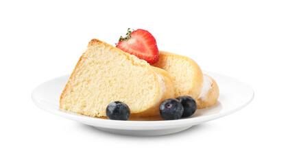 Pieces of tasty bundt cake with berries isolated on white