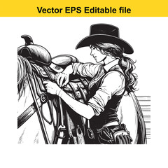 Monochromatic Illustration of a Cowgirl Adjusting Her Saddle Preparing for a Ride in the Old West
