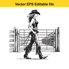 Cowgirl Walks By Farm Gate Illustration of a confident cowgirl in stylish outfit walking by a western style farm gate