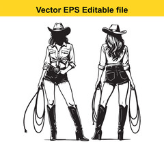 Black and White Illustration of Two Women Wearing Cowboy Attire and Holding Ropes Standing Confidently