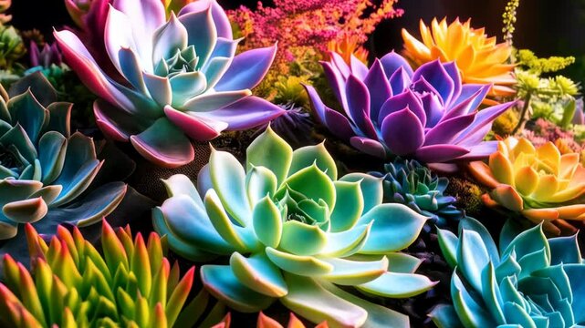 Close up of colorful succulent plants, showcasing a vibrant mix of shades in a botanical garden setting. Highlighting unique shapes and intricate textures of each plant.