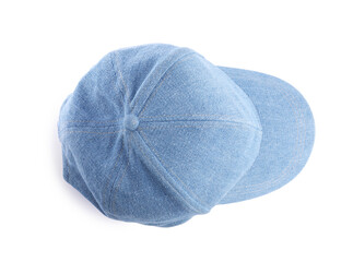 One denim baseball hat isolated on white, top view