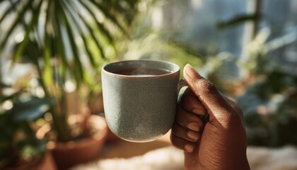 A warm hand gently holds a steaming mug of herbal tea, bathed in soft sunlight and hinting at a tranquil moment of self-care in a cozy living space 1. Generative AI