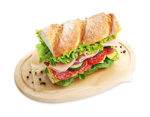 Tasty baguette sandwich with ham and vegetables isolated on white