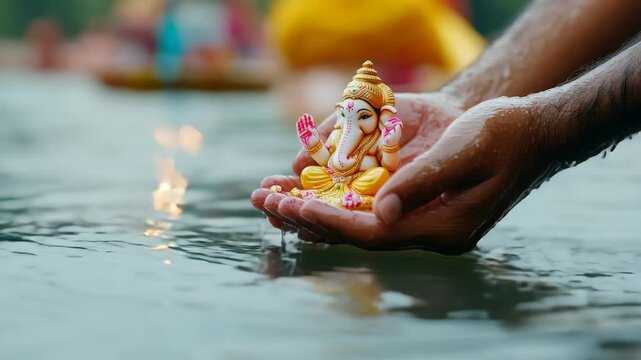 Hands gently immersing vibrant ganesha idol in flowing water symbolizing spiritual transition