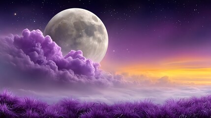 A full romantic night sky scene where stars, planets, and clouds subtly take the form of heart shapes, lit by a glowing moon and surrounded by soft cosmic dust