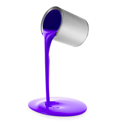 Indigo color paint pouring out of can on white background