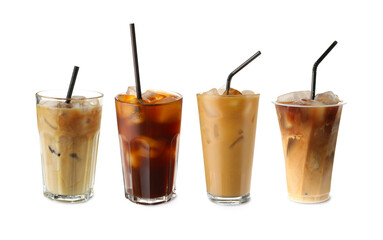 Set of refreshing iced coffee drinks isolated on white