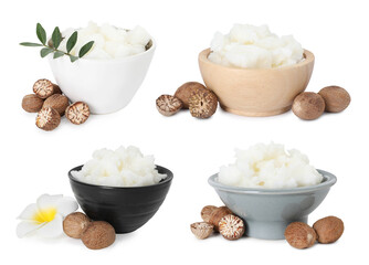Natural shea butter on white background, collage