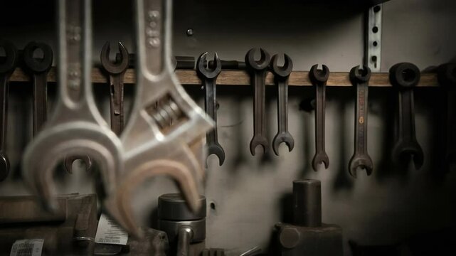 Close-Up on Wrenches Hanging in a Well-Organized Workshop