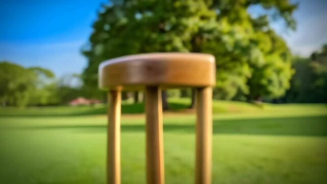 Wooden stool with three legs sitting on green grass with trees and sky in background during sunny day, peaceful environment