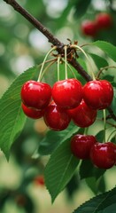 Obraz premium Fresh red cherries hanging on branch orchard nature green environment healthy lifestyle