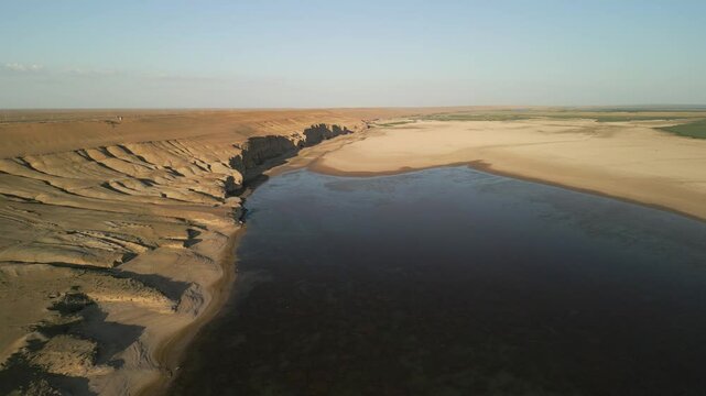 Wide desert cliffs, meandering river and open sandy floodplain of Amu Darya
