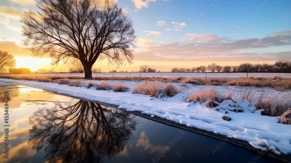 Poster bare tree's reflection on a calm canal covered with snow during golden hour with a partly cloudy sky