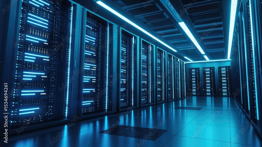Poster high-tech glowing server room with futuristic blue lighting and symmetrical racks, ideal for cloud i