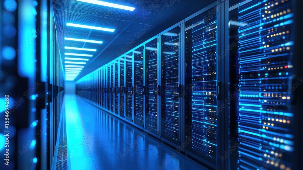 Poster futuristic data center with glowing blue server racks in a long corridor, ideal for cloud computing,