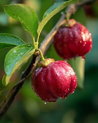 rose apple (chomphu) on branch, shiny red skin with dew drops, green leaves