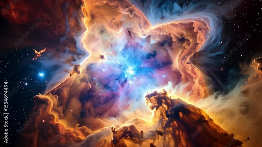 Poster dramatic space scene featuring a colorful nebula with swirling clouds of gas and dust illuminated by