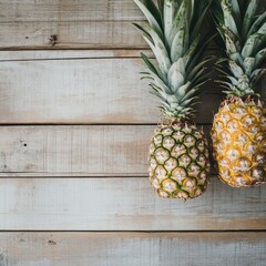 Fresh pineapples displayed on rustic wooden table