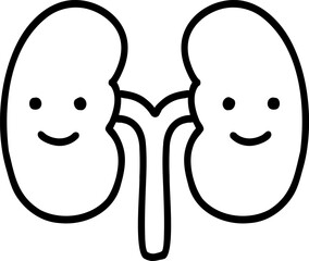Human body element hand drawn outline, Cartoon kidneys with smiling faces and a connecting tube.
