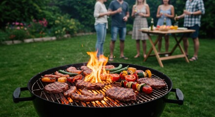 Grilling meat and vegetables at a backyard bbq party outdoor setting social gathering evening atmosphere