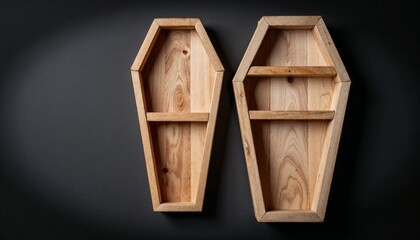 Wooden coffin shelves displayed against a dark background for Halloween Design  