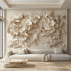Cream-colored floral wall art in a modern living room