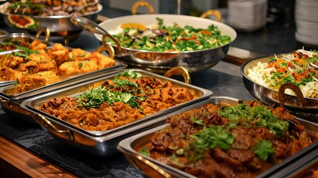 Delicious Indian buffet food in chafing dishes, Exploring a grand buffet, 4K Video