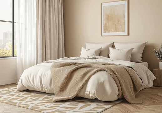 Beige bedroom with large bed and artwork