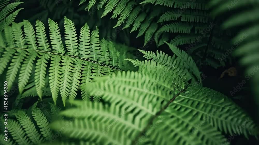 Poster lush ferns in a verdant forest canopy, showcasing intricate leaf patterns and textures under dim nat
