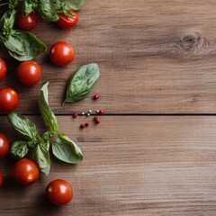 Fresh tomatoes and basil on wooden table display
