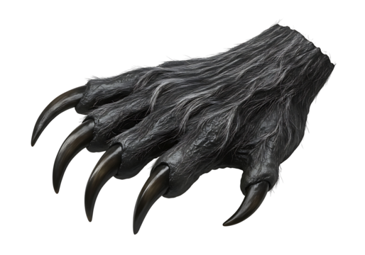 A detailed shot of a gray wolf paw showcasing its sharp claws and textured fur against a black background