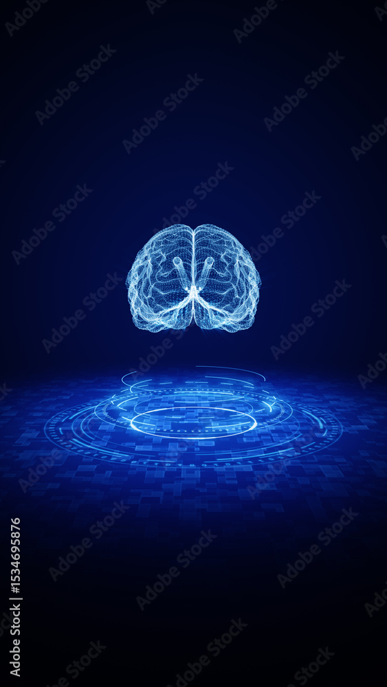Poster 3d rendering wireframe brain hologram representing artificial intelligence floating above a glowing 
