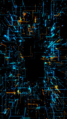 High-tech digital tunnel with glowing blue and orange neon circuit lines on a black vertical layout. Ideas for futuristic, sci-fi, and cyber technology themes. Background 3d Rendering