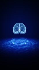 3d Rendering wireframe brain hologram representing artificial intelligence floating above a glowing digital interface in a futuristic blue virtual space. Technology background