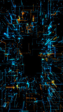 High-tech digital tunnel with glowing blue and orange neon circuit lines on a black vertical layout. Ideas for futuristic, sci-fi, and cyber technology themes. Background 3d Rendering