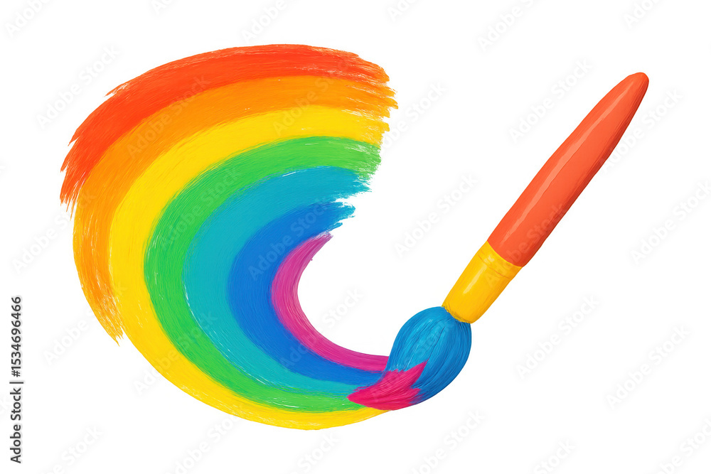 Poster rainbow-splashed paintbrush spreading vivid hues across transparent surface, blending colorful artis
