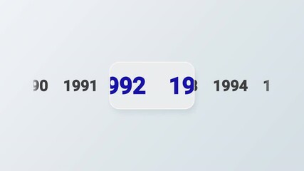 Horizontal timeline animation scrolling smoothly to the year 1991. Ideal for history documentaries, educational videos, or year-based content.	