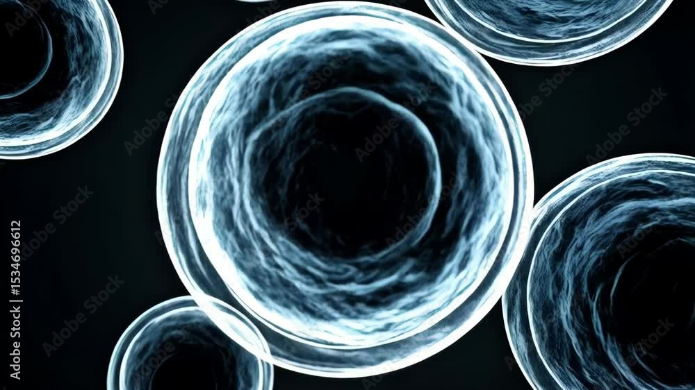 Poster visualization of multiple abstract blue translucent cells floating against a dark background with te