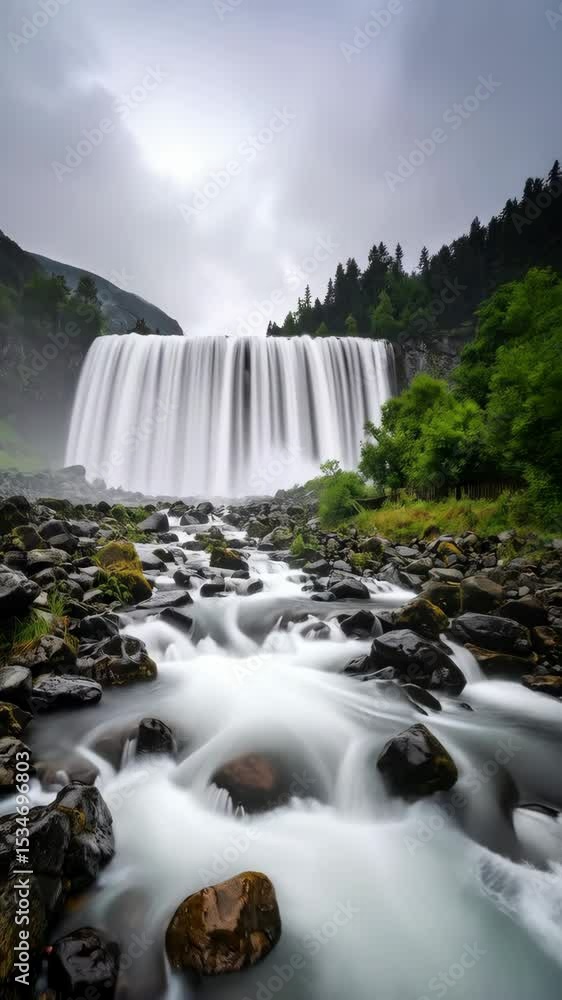 Poster serene waterfall cascading over rocks through a lush, green forest with mist and long exposure creat