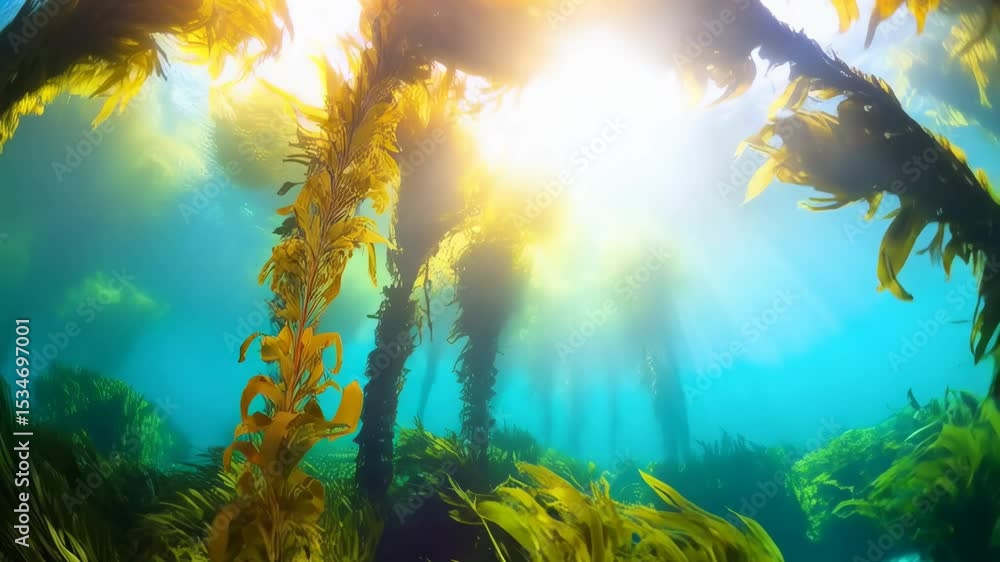Poster underwater view of a kelp forest with sunlight streaming through the water, creating a serene and vi