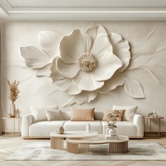 Cream-colored flower mural in a living room