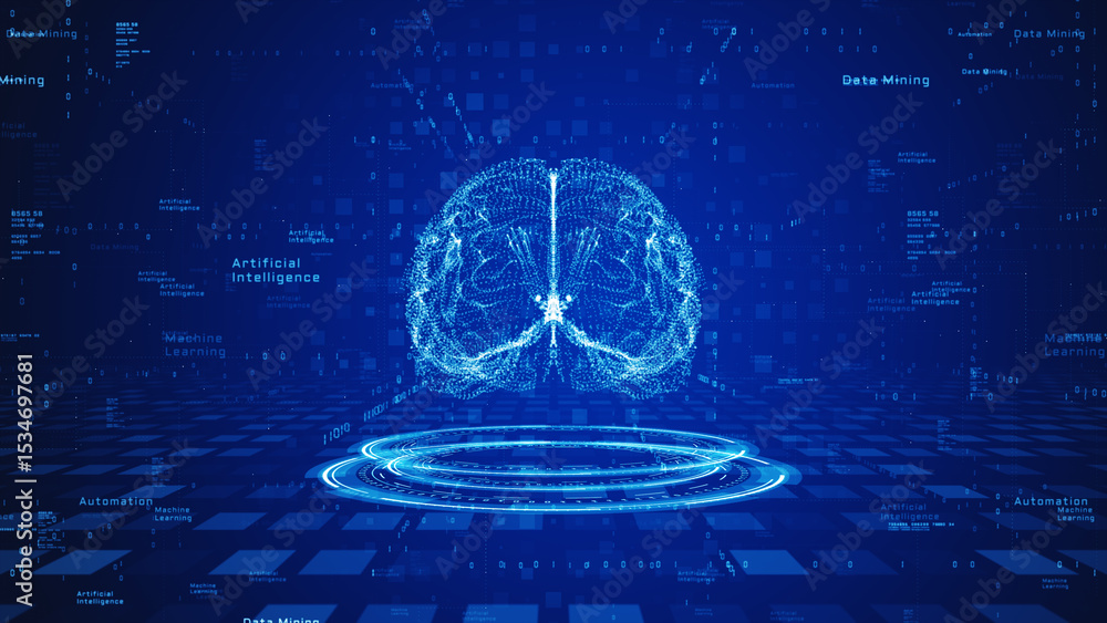 Poster futuristic artificial intelligence concept with glowing digital brain, binary code, and technology t