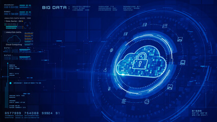Cloud Computing with Cyber Security Lock and Binary Code for Big Data Protection on Futuristic Blue Tech Background 3d Rendering