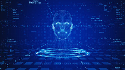 Futuristic AI human face composed of data points and binary code, symbolizing machine learning, automation, and artificial intelligence technology. Technology background 3d Rendering